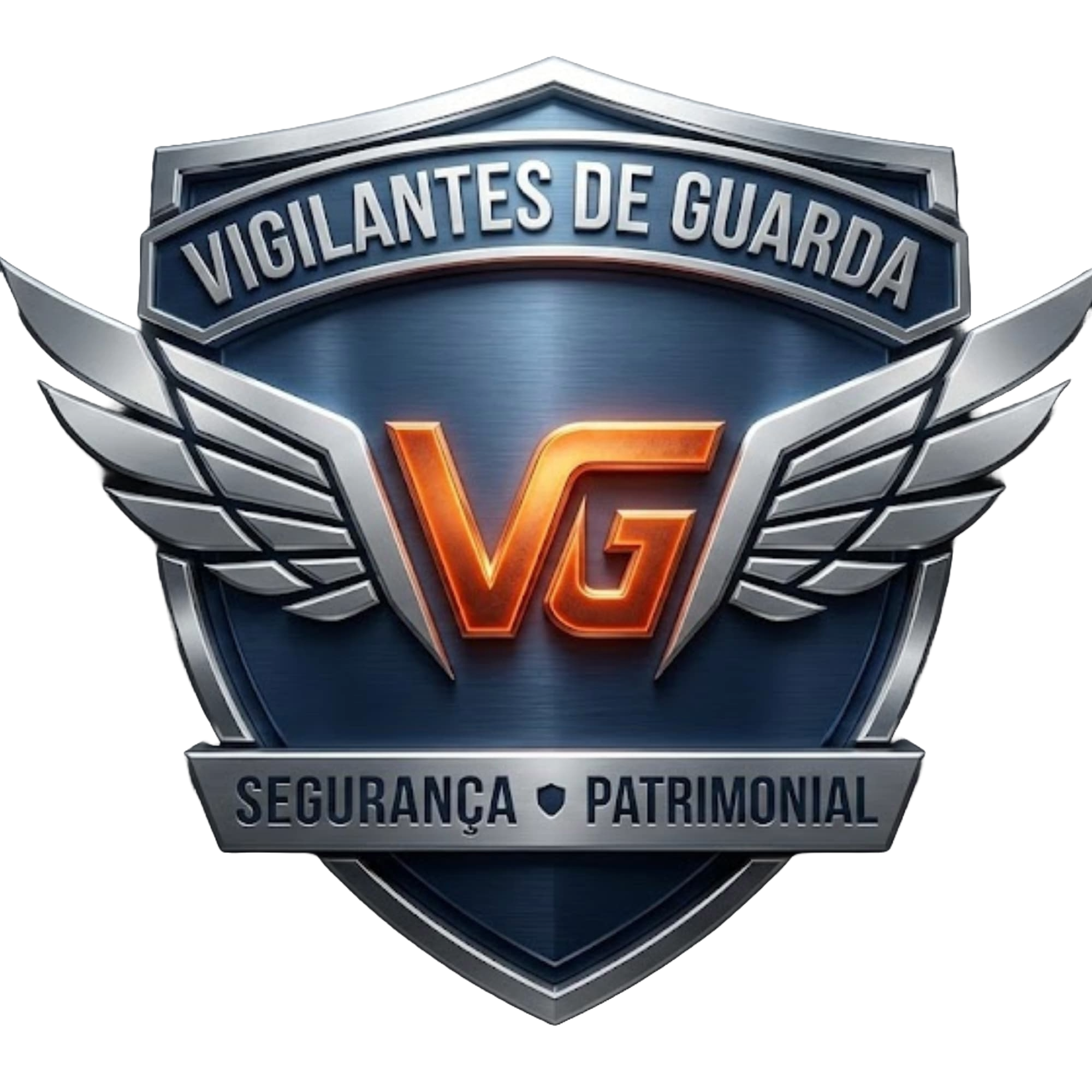 Logotipo em forma de escudo metálico 3D da empresa de segurança Vigilantes de Guarda. O emblema azul escuro escovado tem bordas cromadas, asas prateadas estilizadas no centro e as iniciais 'VG' brilhando em laranja intenso. O texto superior lê 'VIGILANTES DE GUARDA' e o inferior 'SEGURANÇA • PATRIMONIAL'.