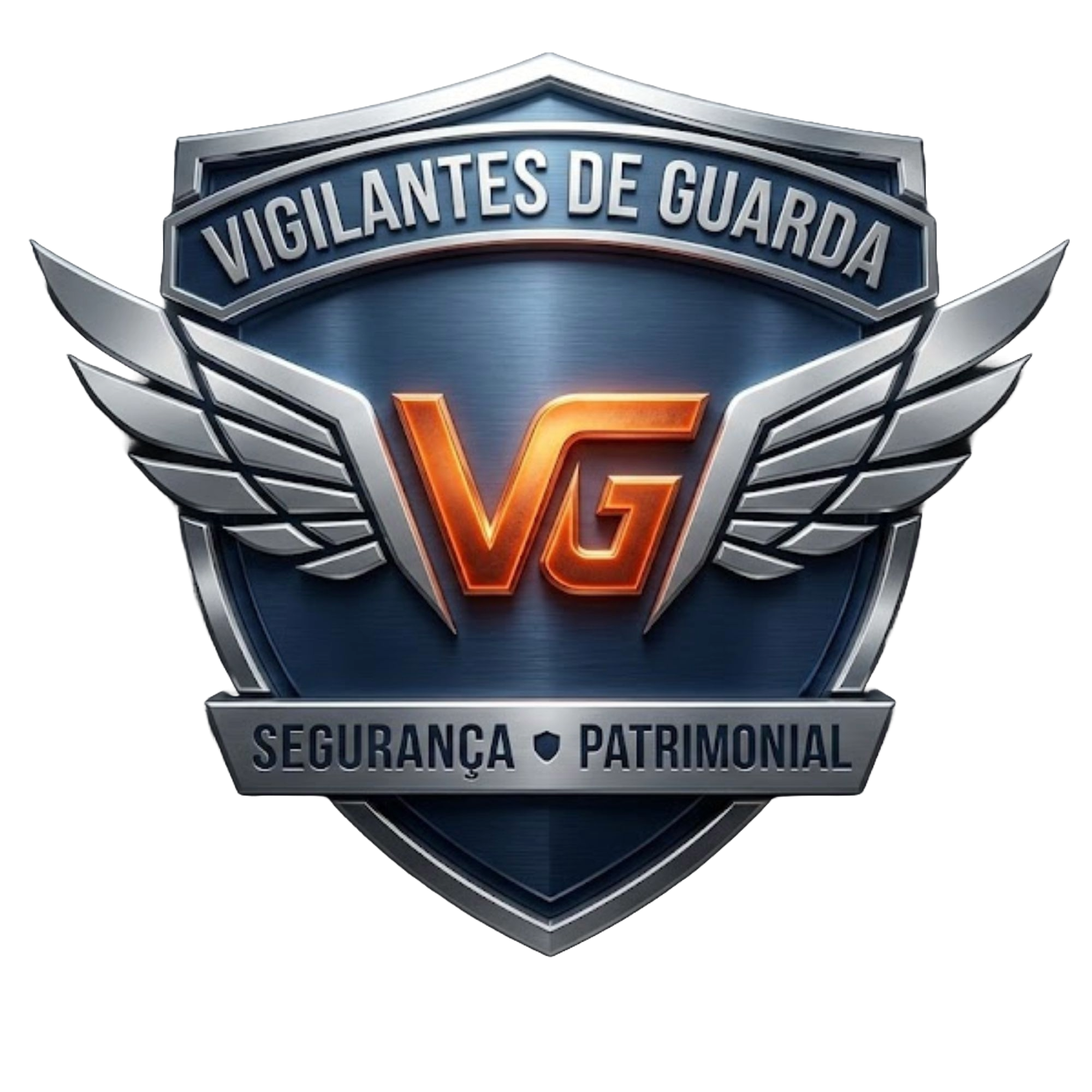Logotipo em forma de escudo metálico 3D da empresa de segurança Vigilantes de Guarda. O emblema azul escuro escovado tem bordas cromadas, asas prateadas estilizadas no centro e as iniciais 'VG' brilhando em laranja intenso. O texto superior lê 'VIGILANTES DE GUARDA' e o inferior 'SEGURANÇA • PATRIMONIAL'.