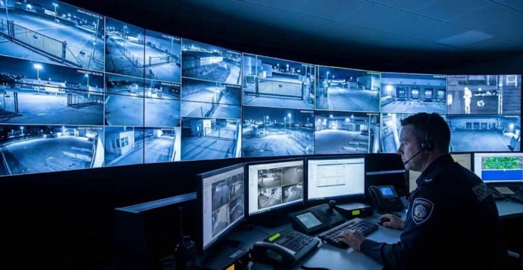 Imagem interna de um Centro de Controle Operacional (CCO) de alta tecnologia. Mostra um operador focado diante de um video wall exibindo imagens de CFTV de um perímetro protegido. Ilustra a seção do artigo que fala sobre a integração entre tecnologia de vigilância e o fator humano na segurança patrimonial. - Operador de segurança em um centro de controle moderno monitorando uma parede de vídeo com múltiplos feeds de câmeras de segurança patrimonial.