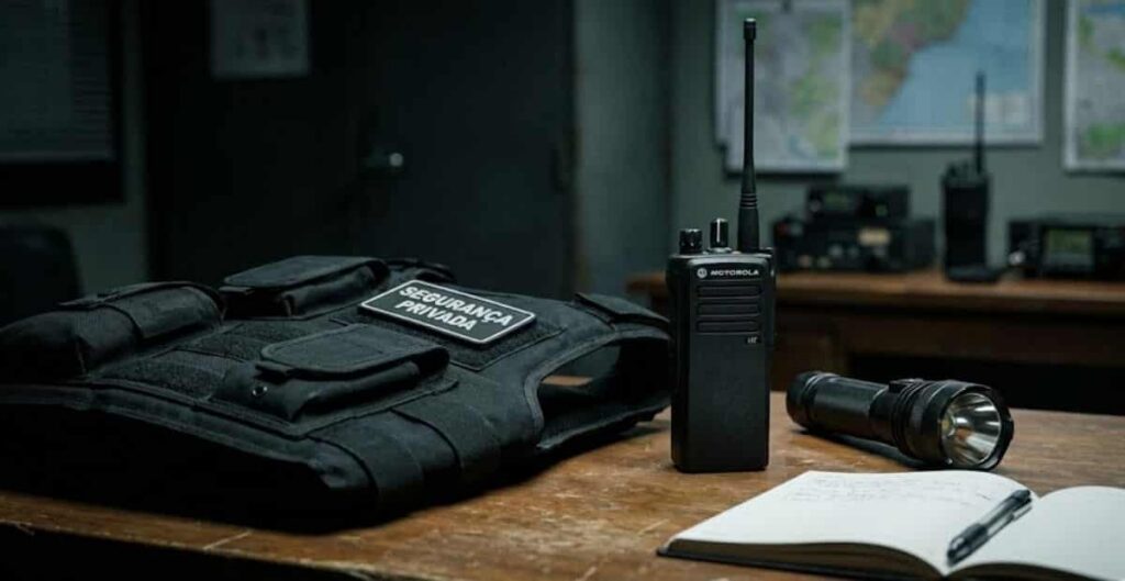 Equipamentos essenciais de segurança privada organizados sobre mesa de madeira: colete tático preto, rádio HT comunicador, lanterna potente e caderno de anotações.