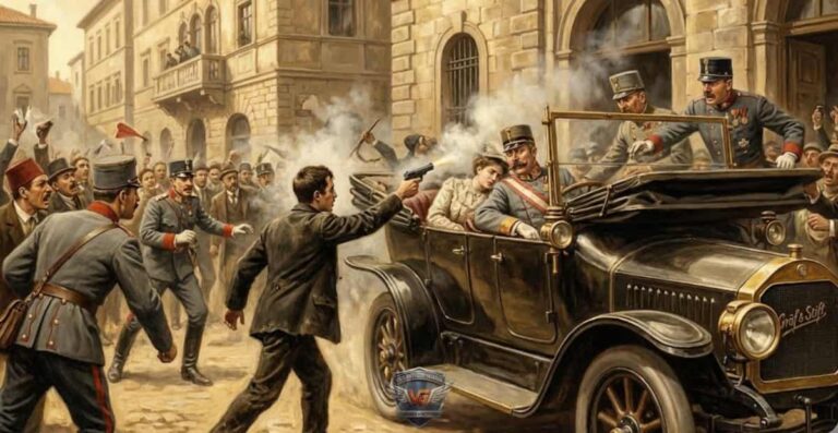 Ilustração estilo pintura a óleo do atentado em Sarajevo, 1914. Gavrilo Princip dispara contra o Arquiduque Francisco Ferdinando e sua esposa Sophie em carro aberto, cercado por fumaça e caos nas ruas.