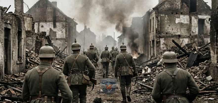 O Início da Primeira Guerra Mundial - Fotografia de guerra colorizada mostrando soldados alemães com capacetes Pickelhaube avançando por uma vila belga em ruínas, com fumaça e escombros, durante o início da Primeira Guerra Mundial em 1914.
